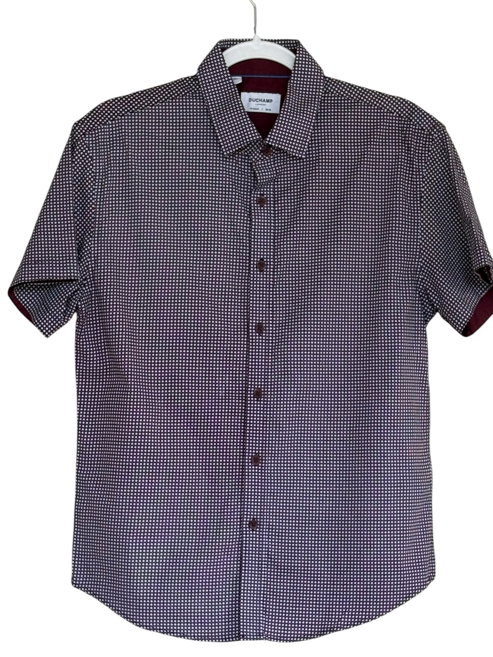 Duchamp London Short-Sleeve Burgundy Micro-Check Button-Down Shirt Size M